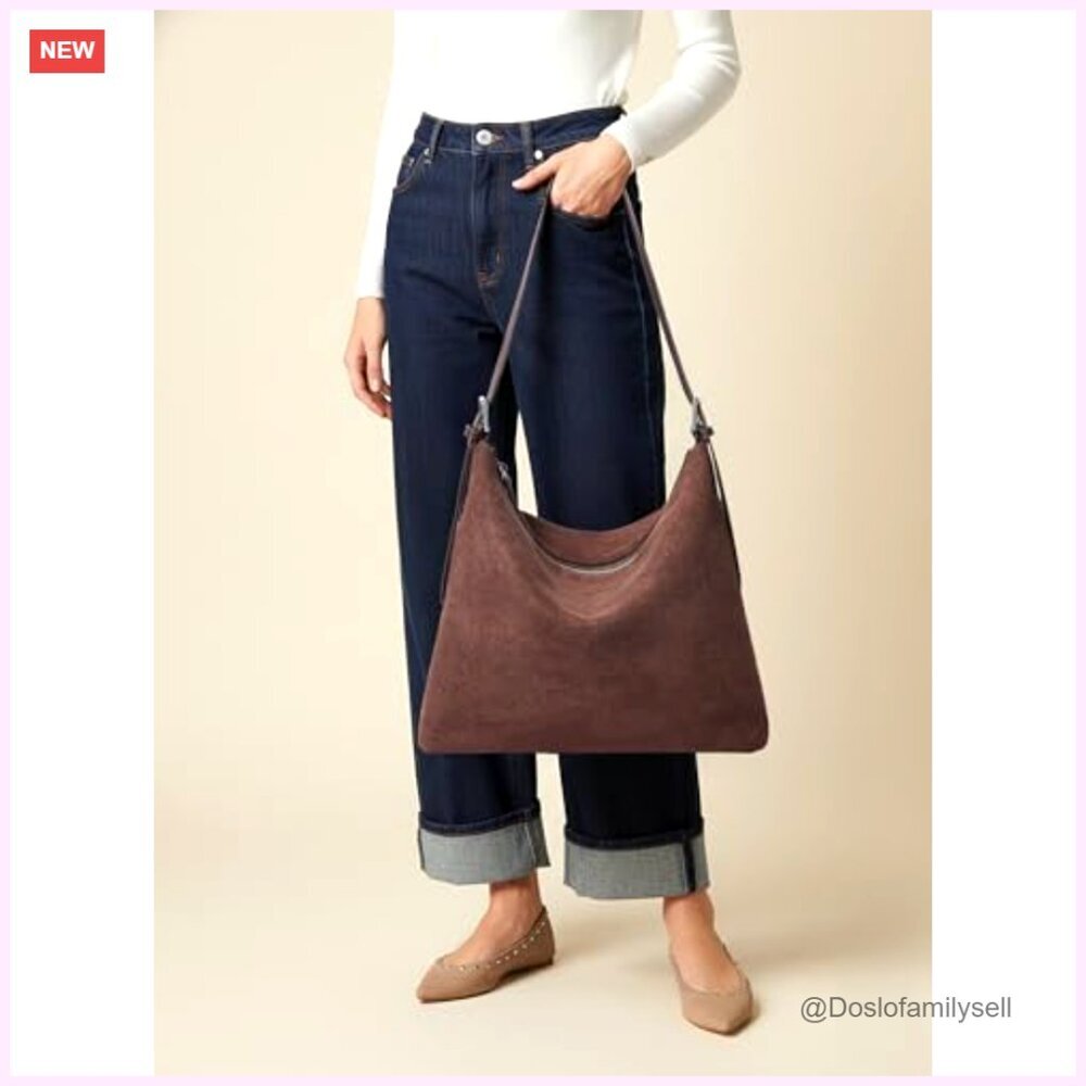 Suede Shoulder Bag Slouchy Hobo Tote Adjustable Strap Minimalist Vintage Office - Picture 2 of 7
